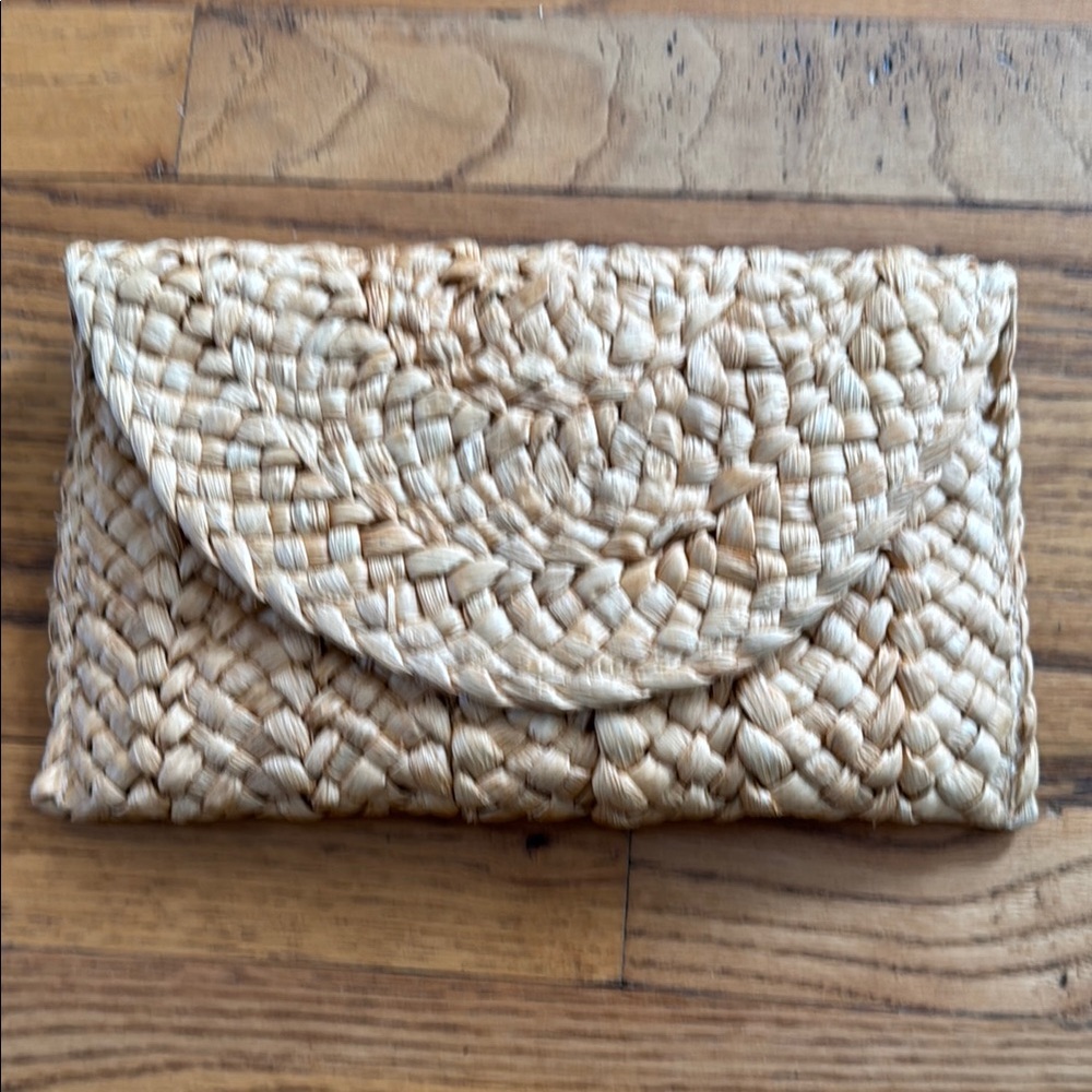 Tan Woven Clutch with Intricate Pattern